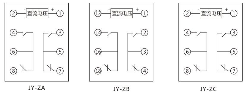 JY-ZB直流高低值電壓繼電器內部接線及外引接線圖 JY-ZB直流高低值電壓繼電器內部接線及外引接線圖