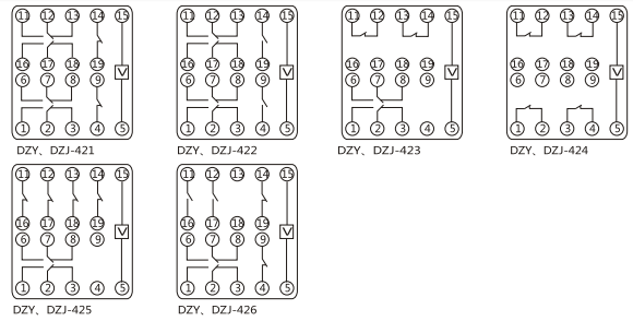 DZS-436導軌式中間繼電器內(nèi)部端子外引接線圖(正視)