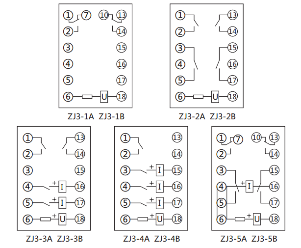 ZJ3-2B快速中間繼電器內部接線圖及外引接線圖(正視圖)