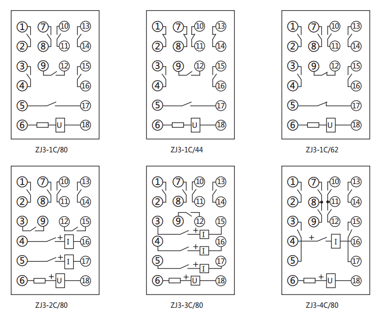 ZJ3-1C/62快速中間繼電器內部接線圖及外引接線圖(正視圖)
